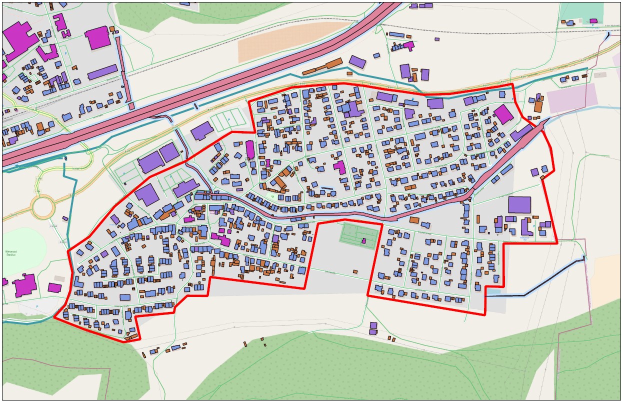  Abbildung 2: Das Untersuchungsgebiet: alle Gebäude, die innerhalb der roten Quartiersgrenze liegen, befinden sich im Untersuchungsgebiet 